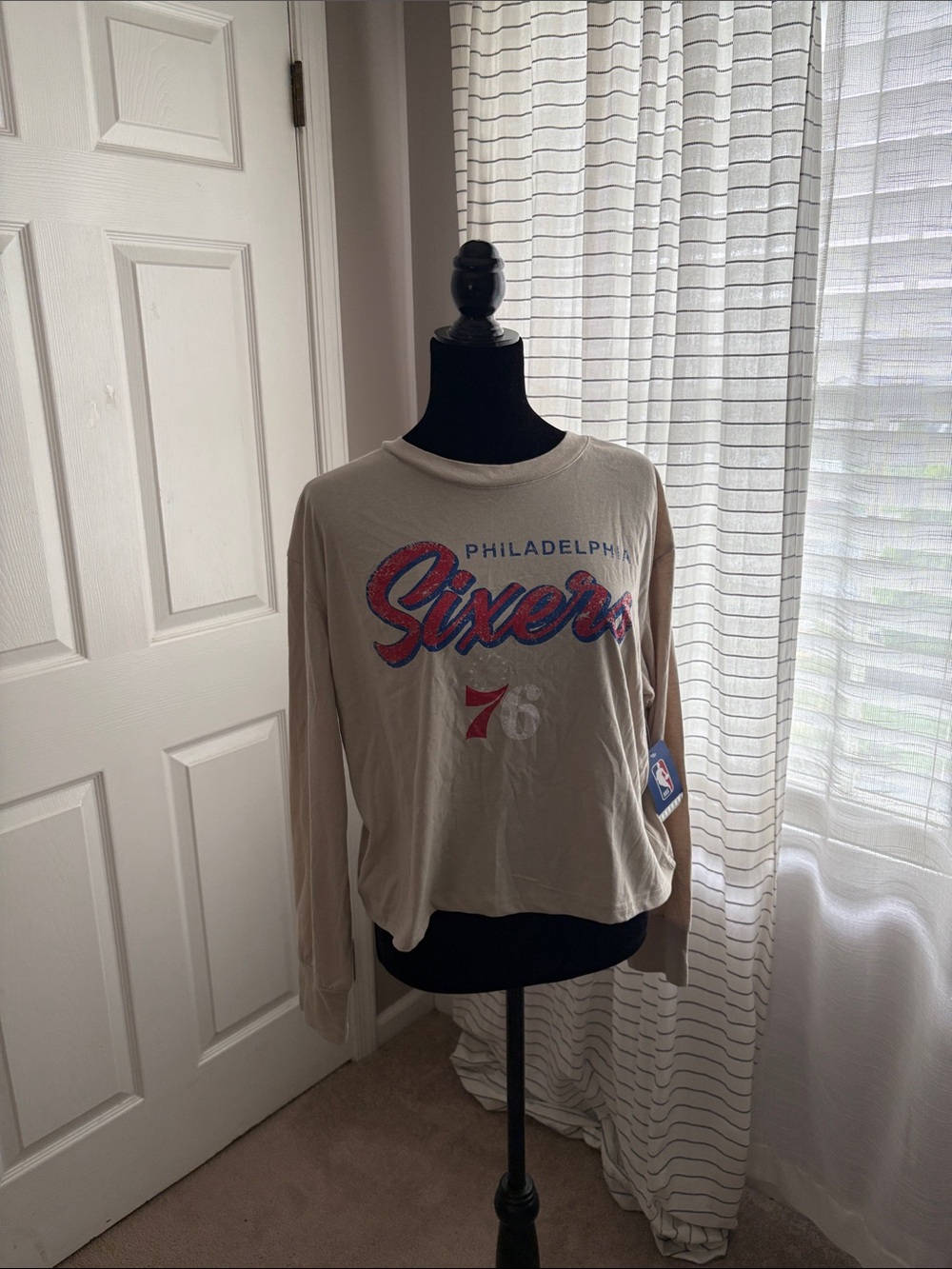 NBA Philadelphia 76ers Beige Long Sleeve Tee with Red and Blue Logo